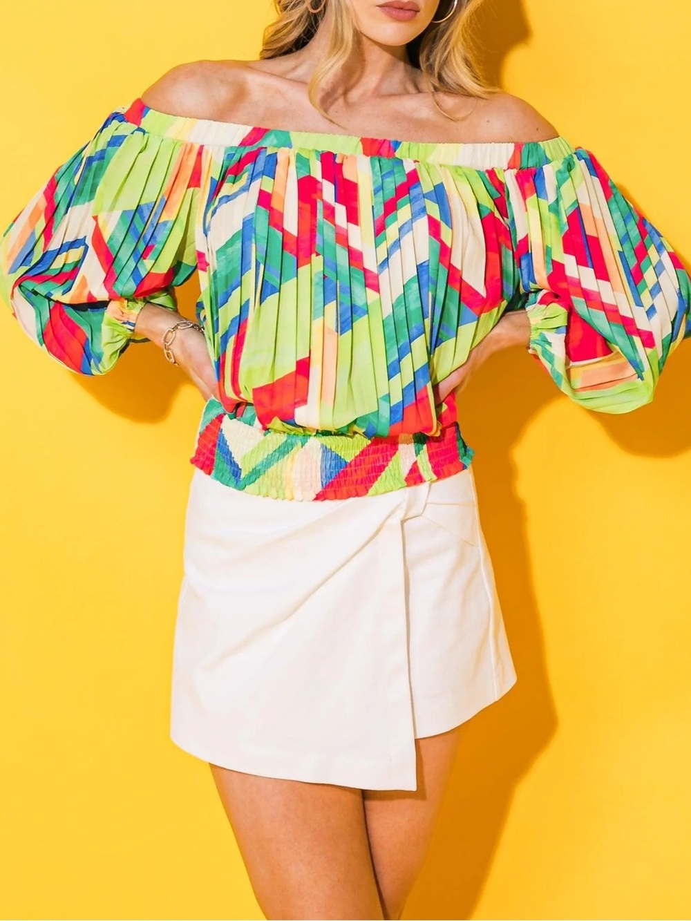FLYING TOMATO Off-Shoulder Multicolor Pleated Blouse - Lime & Rainbow SIZE S